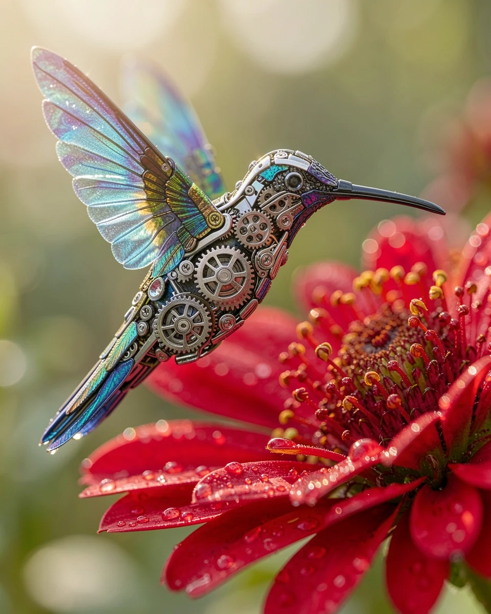 A mechanical hummingbird beside a scarlet flower, generated by engine on FLUX.2 klein 9B