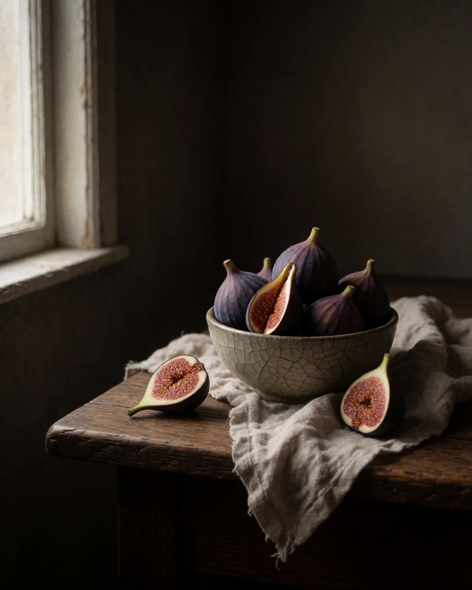 Still life of ripe figs in a cracked bowl in window light, generated by engine on Krea 2 Turbo