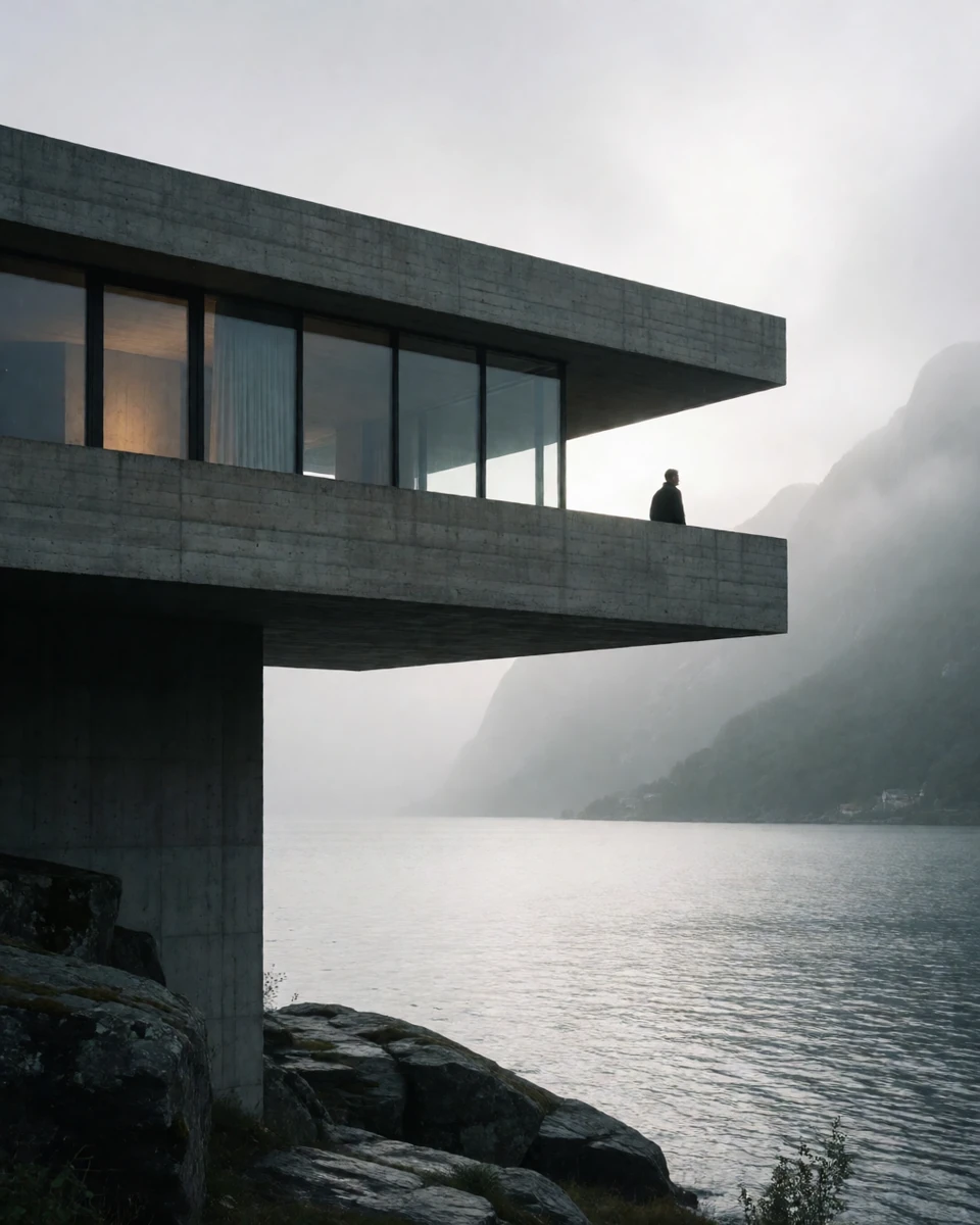 A brutalist concrete house cantilevered over a misty fjord, generated by engine on Krea 2 Turbo