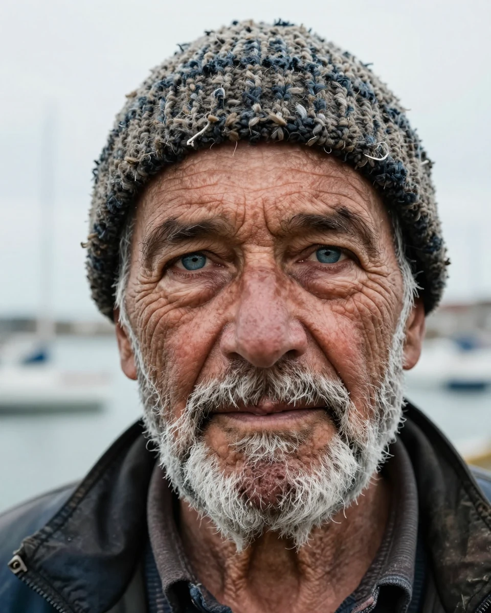 Hyperreal portrait of an old fisherman with a weathered face and knitted cap, generated by engine on Z-Image Turbo